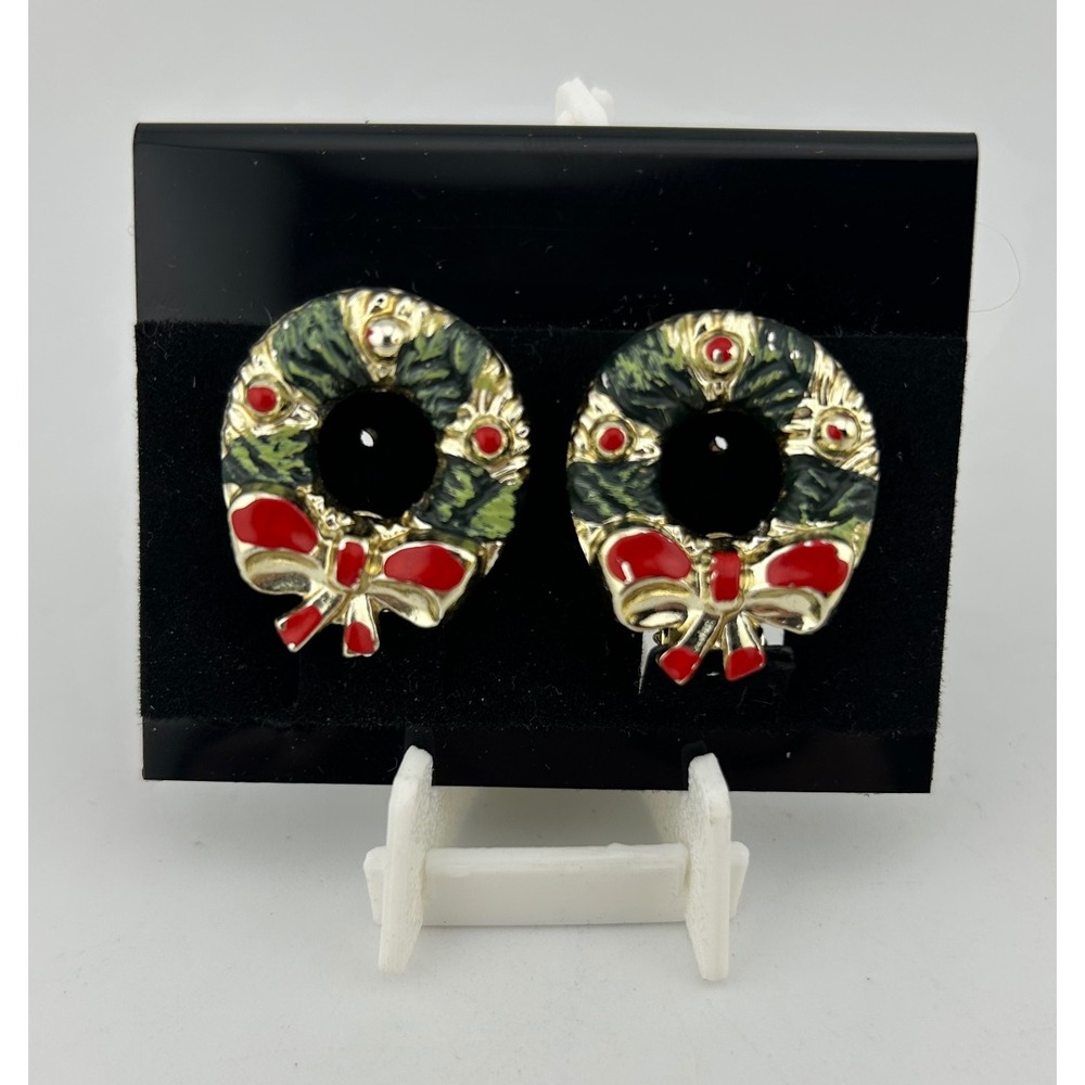 Christmas Wreath‎ Clip On Earrings Red Bow Green Enamel Gold Tone